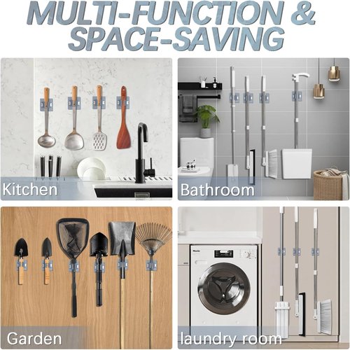 3-H Broom Holder Wall Mount - Heavy Duty No Drill Organizer for Garage & Kitchen | 4-Pack Self Adhesive Plastic Rack