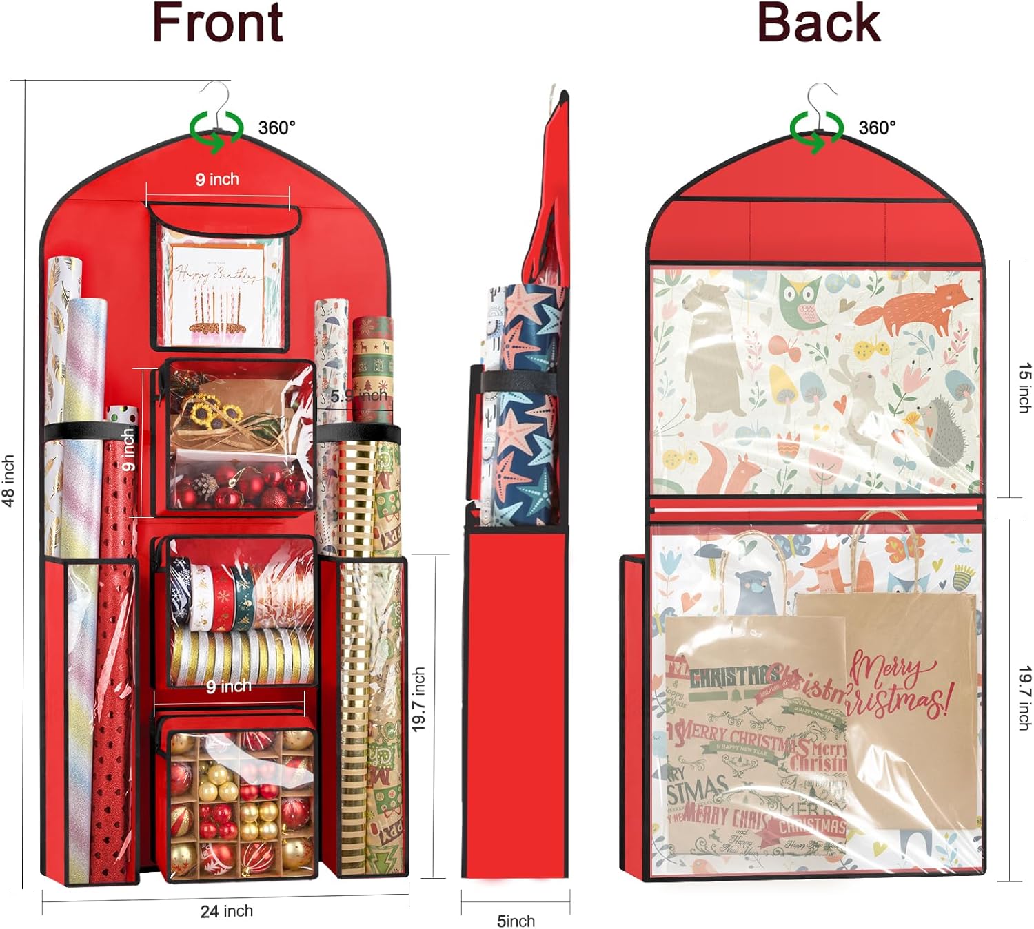 Woodoulogy Extra Large Gift Wrapping Paper Storage - 48x24 Red Double-Sided Christmas Organizer | Oxford Craft Roll Holder