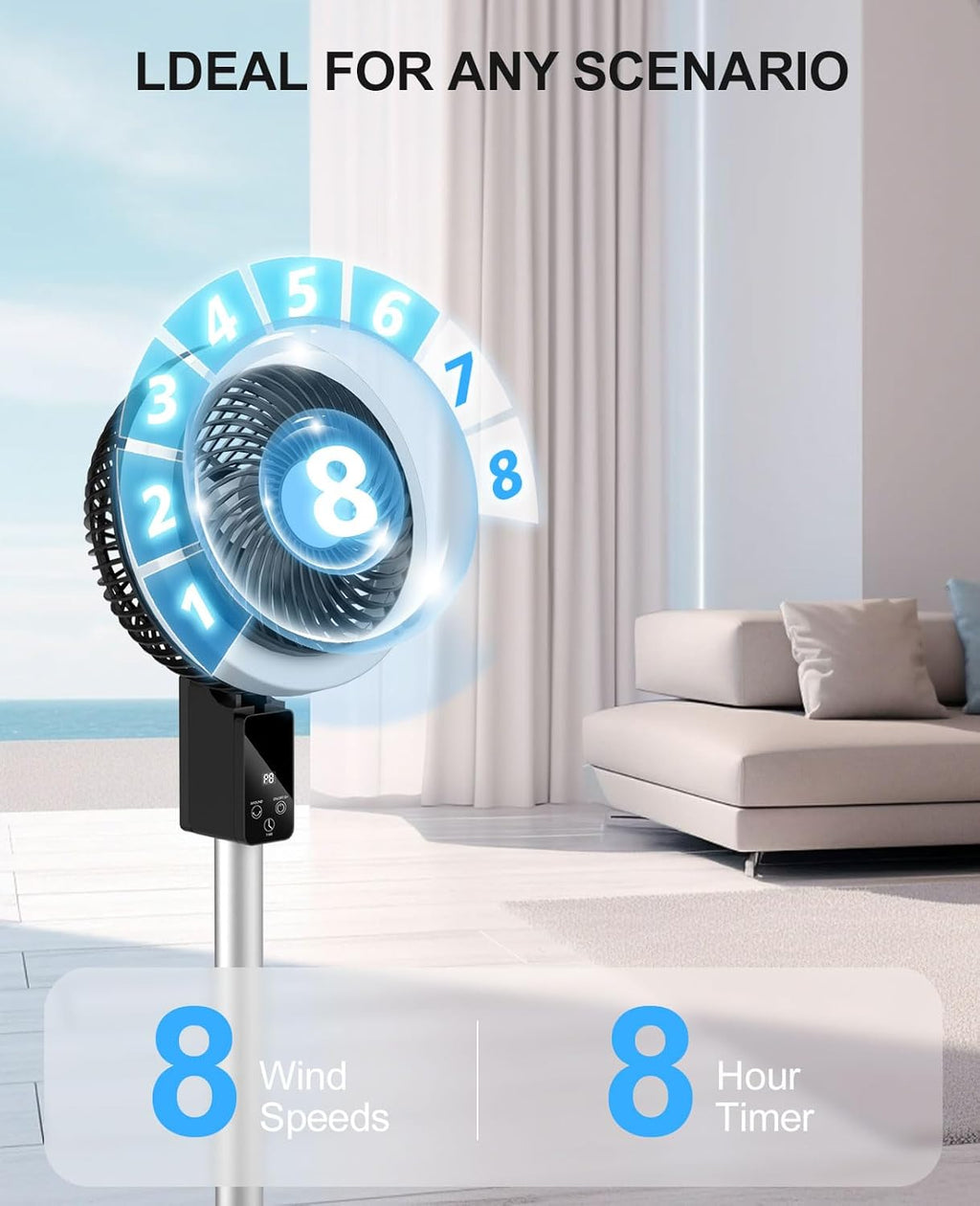 Skiennix Portable Standing Fan - 10000mAh Rechargeable Battery | 8 Speeds, 90° Oscillation, Adjustable Height