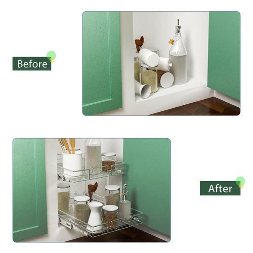 LOVMOR 2 Tier Individual Pull Out Cabinet Organizer 11"W x 21"D, Slide Out Kitchen Cabinet Storage Sliding Shelves