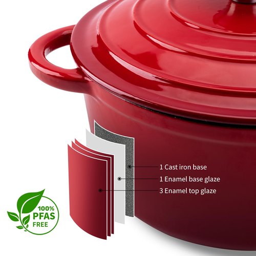 WOKINS 7QT Enameled Cast Iron Dutch Oven Pot with Lid,Heavy-Duty Cookware for Sourdough Bread Baking,Braising,Stews,Roasting,Oven Safe up to 500°F,RED