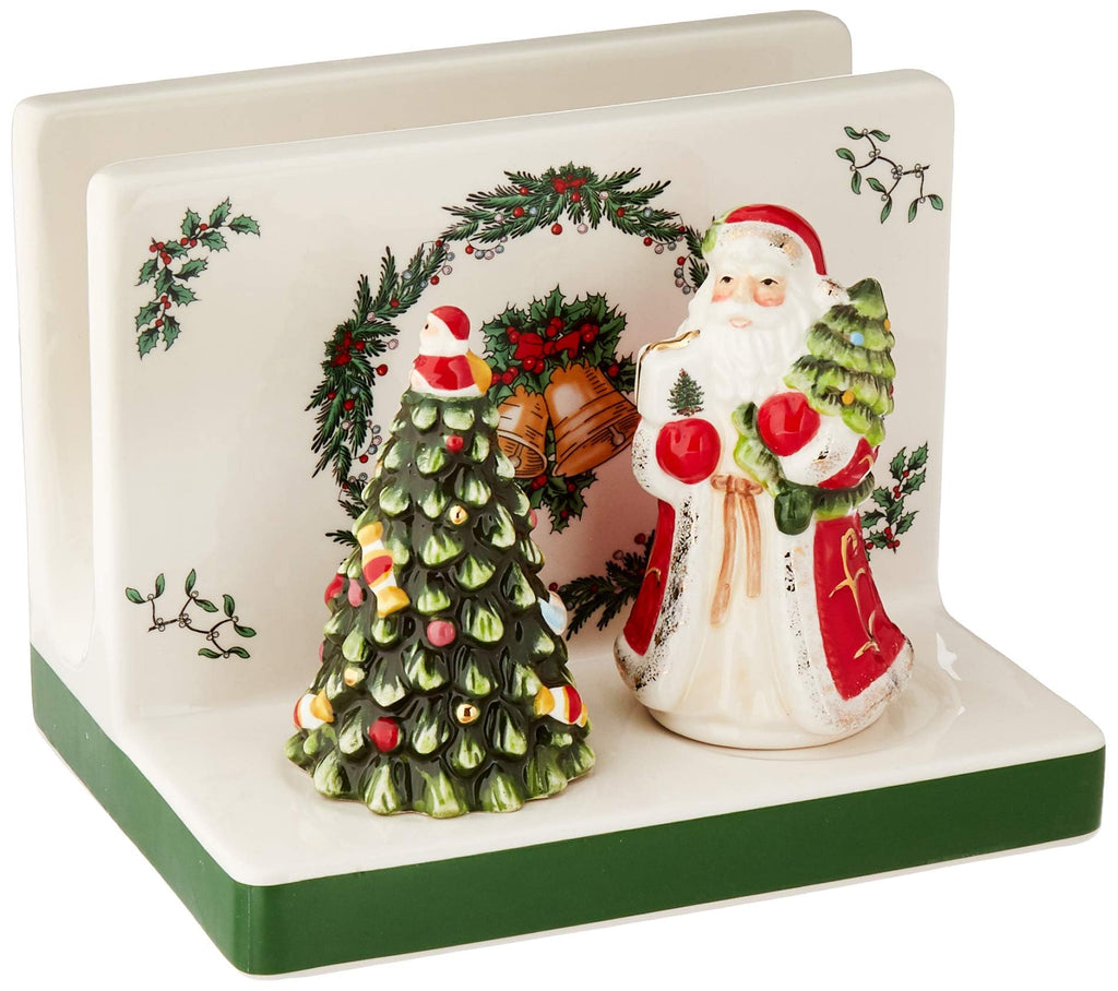 Spode Christmas Tree 3-Piece Hostess Set - Napkin Holder, Salt Shaker & Pepper Shaker (Santa & Tree Figural) - Festive Earthenware for Christmas, Holiday Entertaining - Decorative Gift Set