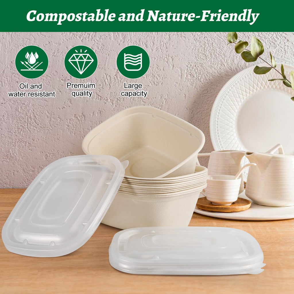 Enjamyo 50 Pack 50 OZ Large Paper Bowls with Lids,Heavy Duty Disposable Bowls Bulk,Compostable Paper Take Out Food Containers for Hot/Cold Use,Leakproof,Microwave Safe