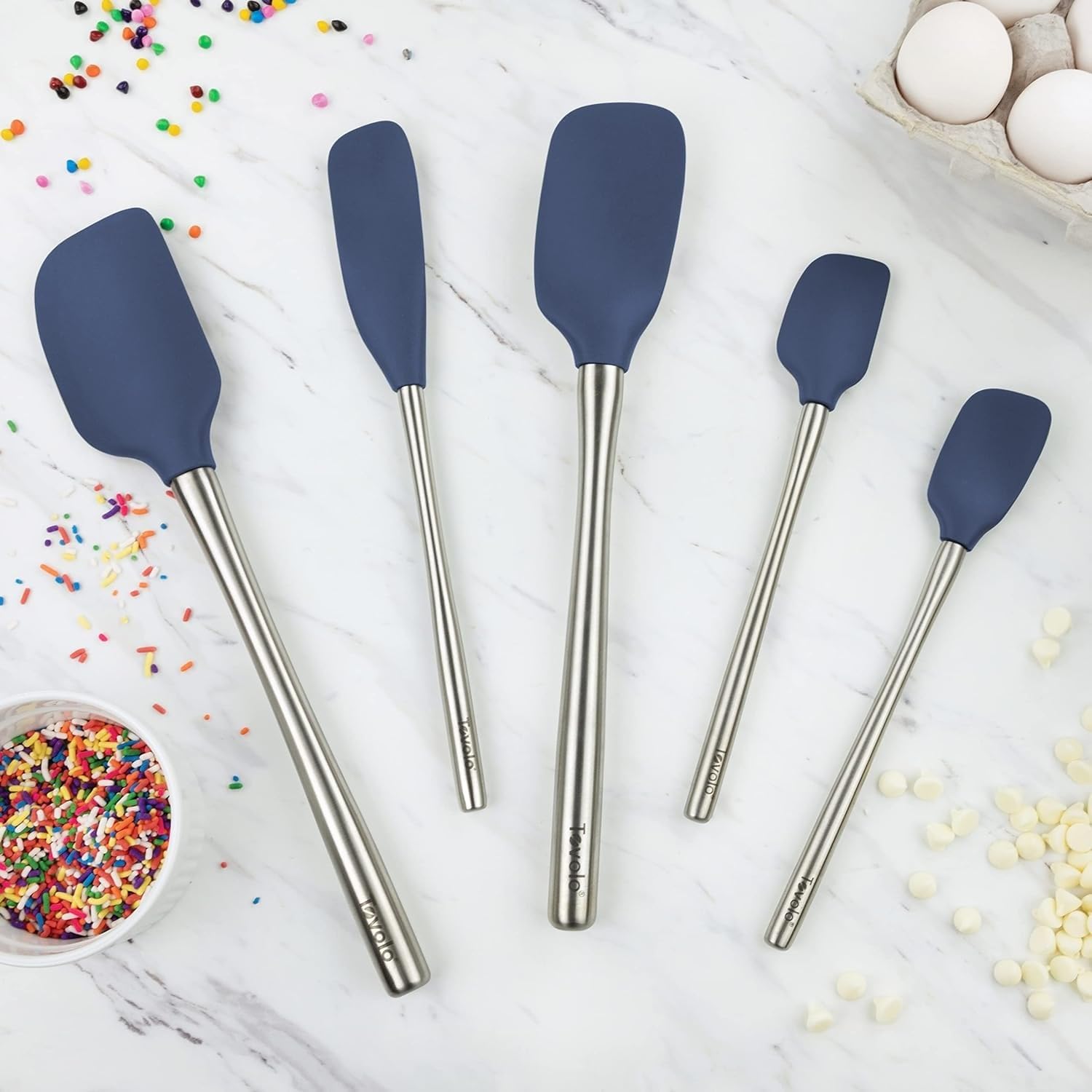 Tovolo Stainless Steel Handled Silicone Spatula Set of 5 Oyster Gray, Dishwasher Safe Kitchen Spatula Set for Cooking Baking, Non Toxic BPA Free Silicone Spatula set with Metal Steel Handle