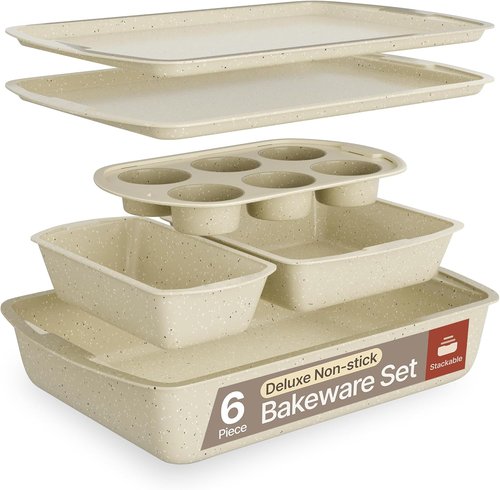 Bakken Swiss - 6-Piece Bakeware Set | Deluxe Non-Stick Baking Pans with Stackable Design - Carbon Steel, White Stone Coating