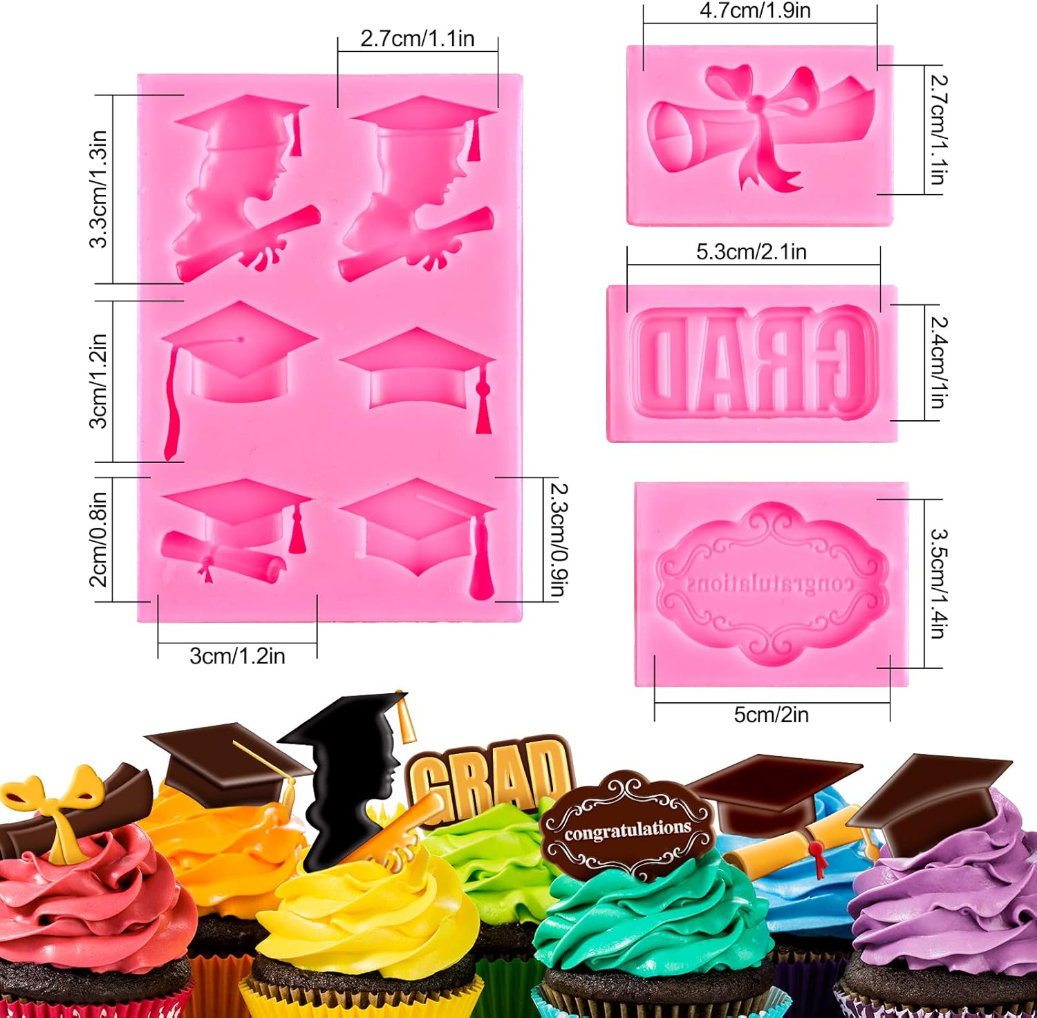 Whaline Graduation Mini Fondant Molds - 4 Pack Silicone Caps & Diplomas for Cake Decorations