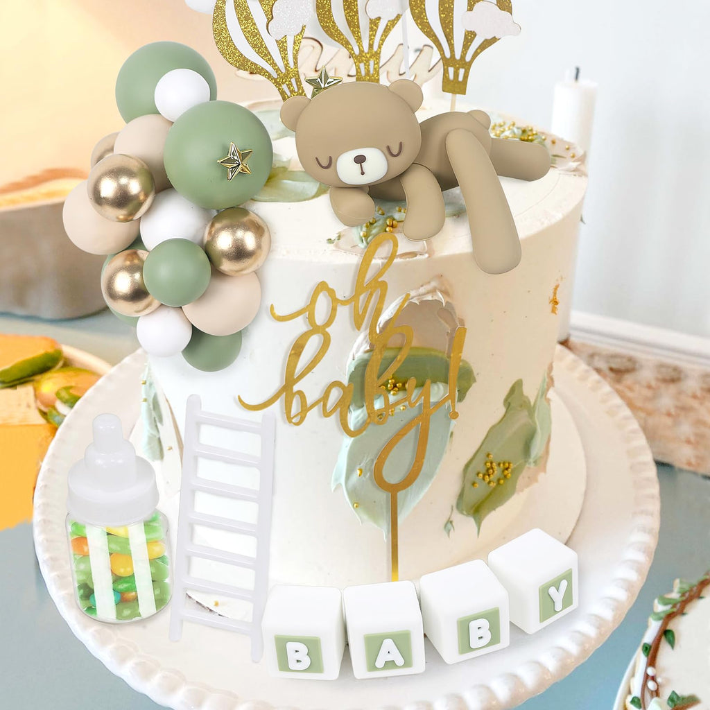 Acmee 44 PCS Green Bear Cake Toppers - Mini 3D Bear BABY Letters Milk Bottle Green Gold Foam Balls Cake Toppers for Boy Girl Birthday Party Baby Shower Cake Decorations