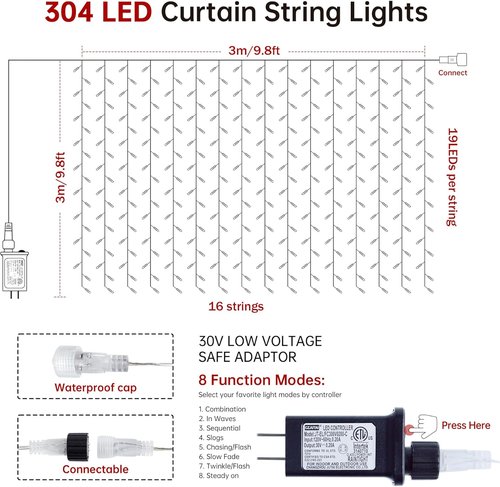 HEYFUNi 304 LED Curtain Lights - 9.8Ft x 9.8Ft Connectable Fairy Lights with 8 Modes for Bedroom & Wedding Decor - White