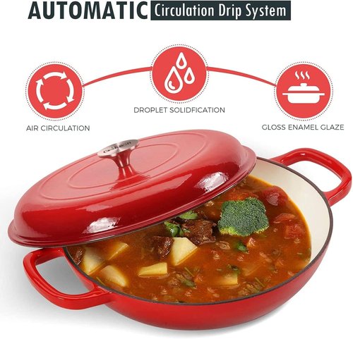 COOKWIN Cast Iron Dutch Oven - 3.8 Quart Enameled Casserole with Lid & Dual Handles - Red