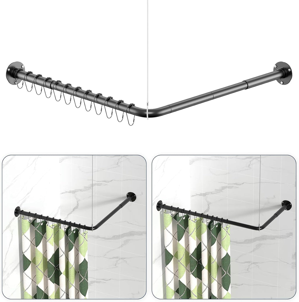 Skiennix L-Shaped Shower Curtain Rod - Adjustable 23''-69'' | Durable 304 Stainless Steel, Black