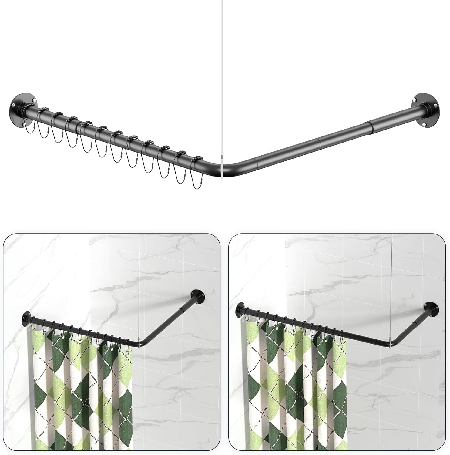 Skiennix L-Shaped Shower Curtain Rod - Adjustable 23''-69'' | Durable 304 Stainless Steel, Black