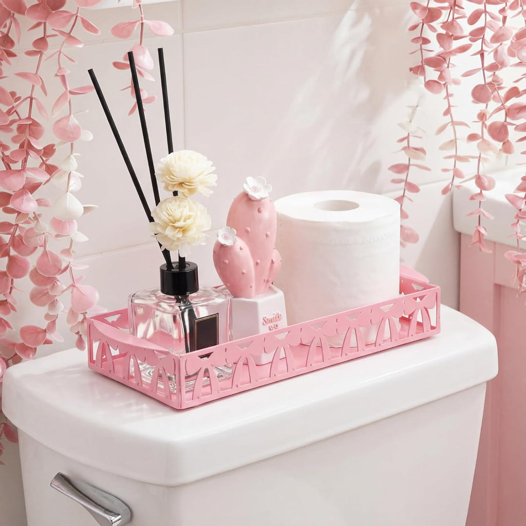 Skiennix Pink Bow Toilet Paper Basket - Cute Metal Holder with Handle | Stylish Bathroom Storage Organizer