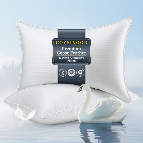 COZSINOOR Goose Feather Pillows Queen Size Set of 2 - Hotel Down Bed Pillow for Sleeping, Soft 600 TC Cotton Cover, Fluffy Support Surround Fill Down Alternative for Back, Stomach, Side Sleepers