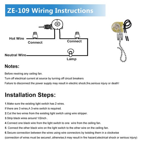 ZE-109 Zing Ear Fan Light Switch, On-Off Speed Switch with Pull Chain Compatible with Hunter Celing Fan Lights, Lamps and Wall Lights (Nickel Pull Chain)