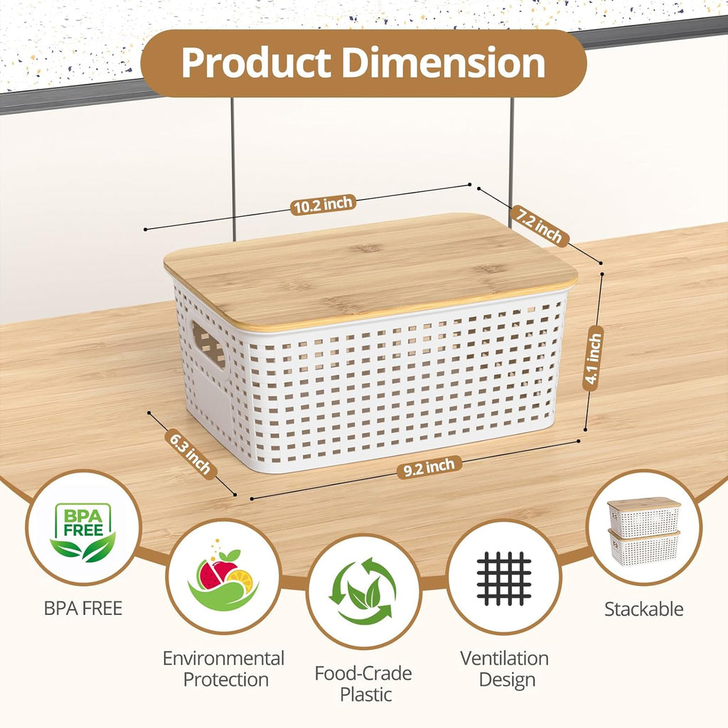 Plastic Storage Baskets - Stackable Organizing Bins with Bamboo Lids | 6 Pack, 10.2x7.2x4.1 Inch, White