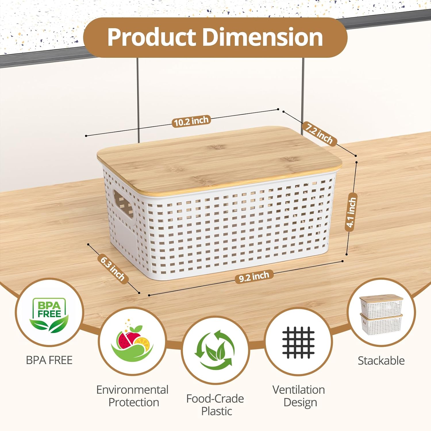 Plastic Storage Baskets - Stackable Organizing Bins with Bamboo Lids | 6 Pack, 10.2x7.2x4.1 Inch, White