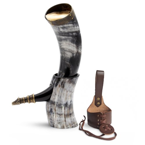 Norse Tradesman Genuine 12" Ox-Horn Viking Drinking Horn with Antique Brass Rim & Wolf Tip, Brown Leather Belt Holster, Fitted Stand & Burlap Gift Sack - The Fenrir, 12-Inches, High Polish