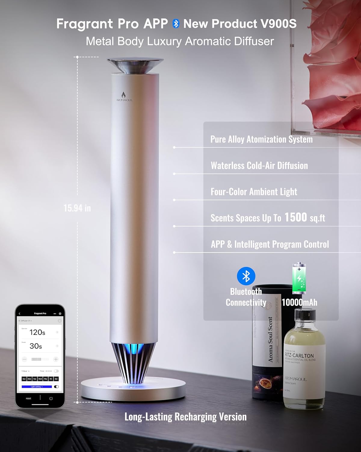 Skiennix Wireless Rechargeable Scent Diffuser Kit - 1500 Sq Ft Coverage, Mood Light & Essential Oil Included | Silver