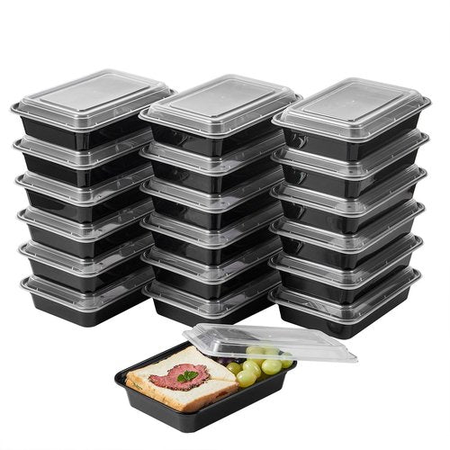 FULING 150 Pack Meal Prep Plastic Food Storage Containers With Lids 28 oz 1 Compartment Black Rectangular Reusable To Go Lunch Prepping Boxes BPA-Free Microwavable Freezer Dishwasher Safe Stackable