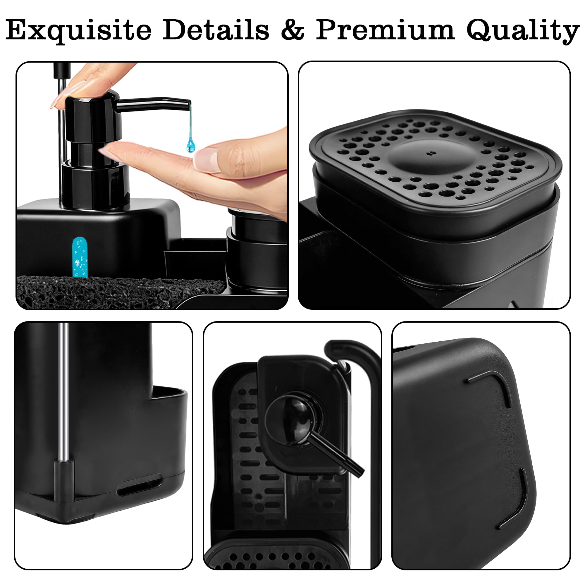 Kitchen Soap Dispenser Set (Black) – 4 in 1 Dual Pump Bottles with Sponge Caddy, Brush Holder, Towel Bar & Drain Rack – Space-Saving Countertop Organizer for Sink & Bathroom