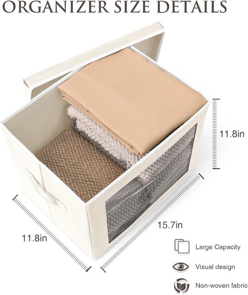 Homsorout Foldable Storage Boxes - Large Organiser Cubes with Lids & Clear Windows | Beige Fabric Containers