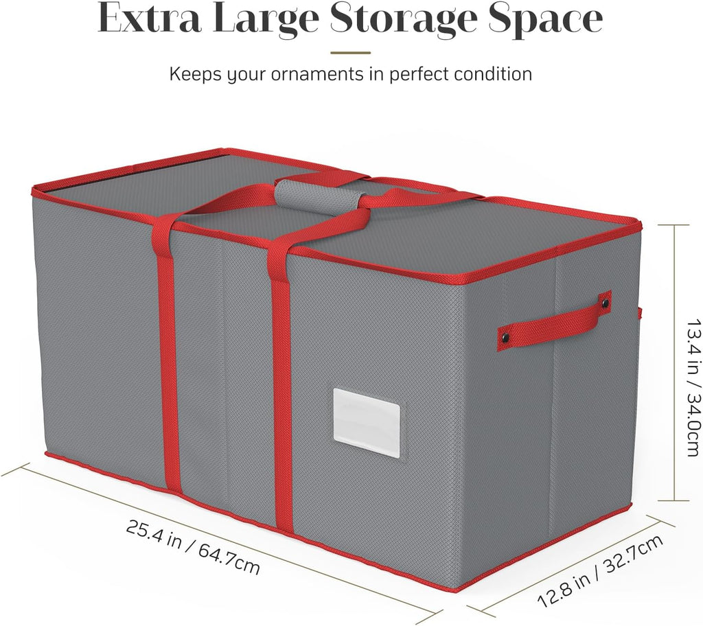 Winpull Christmas Ornament Storage Box - Large Organizer for 128 3-Inch Ornaments | Adjustable Dividers & Dual Zipper (Grey)