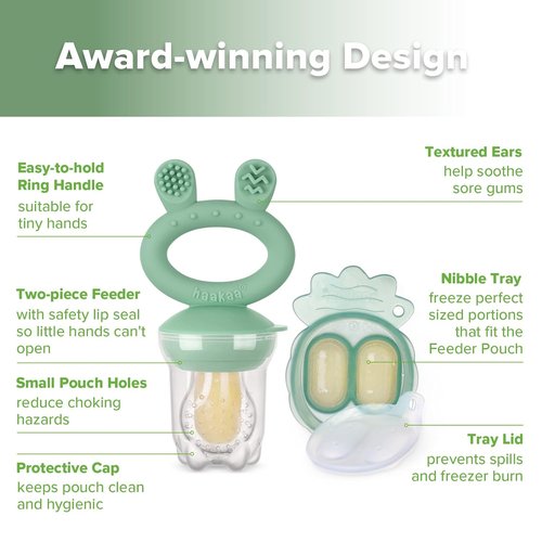 Haakaa Baby Fruit Feeder & Mini Freezer Nibble Tray Combo - BPA-Free Silicone for Safe Self-Feeding (Pea Green)