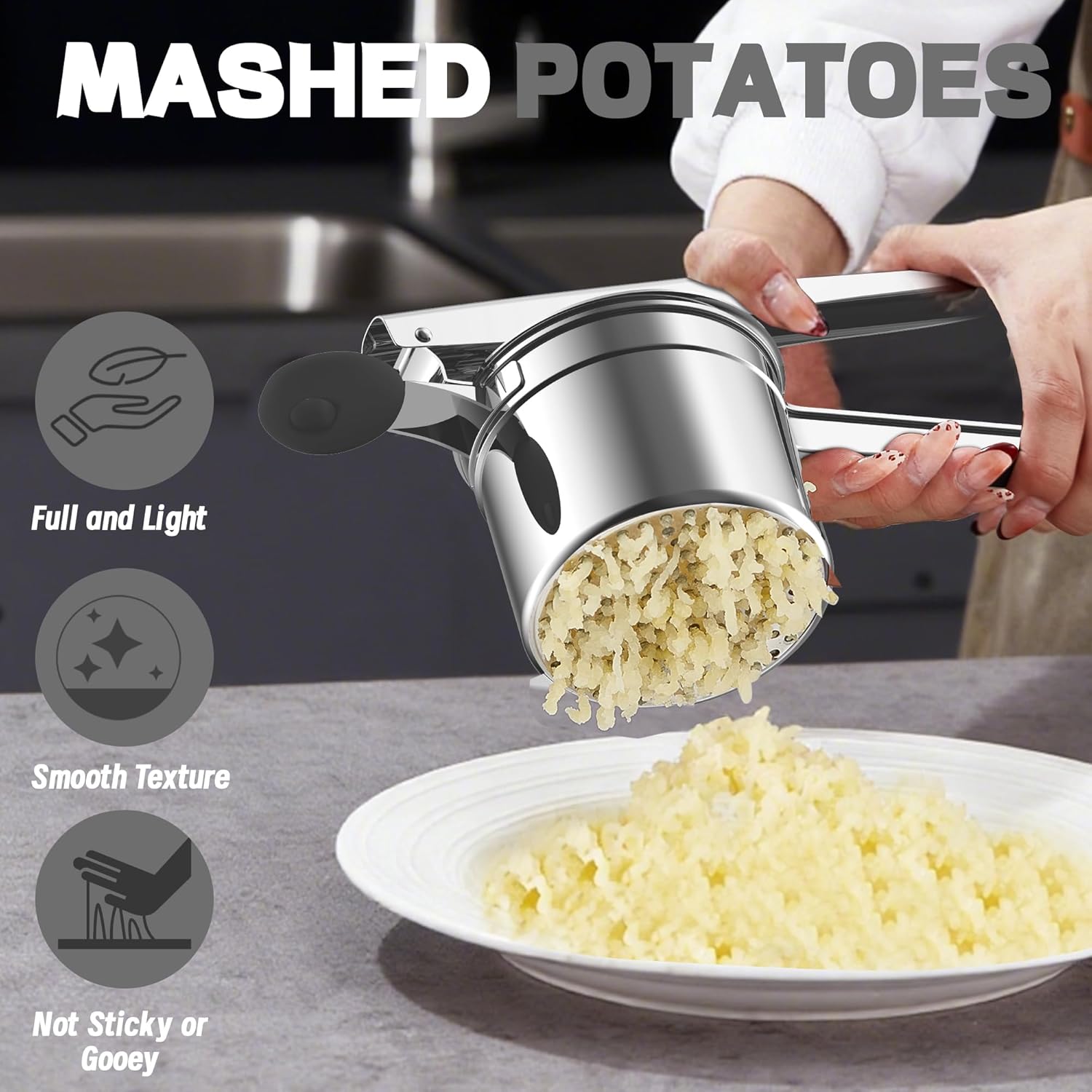 Skiennix Large 15oz Potato Ricer - Heavy Duty Stainless Steel Masher for Baby Food & Spaetzle | Black