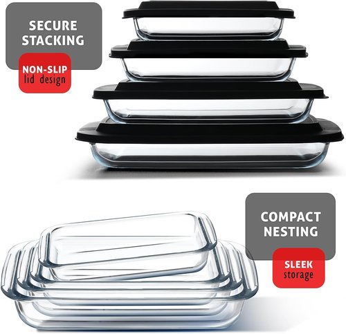 EATEX 8-Piece Deep Glass Casserole Dishes Set - Oven Safe Bakeware with Plastic Lids | Ideal for Lasagna & Leftovers
