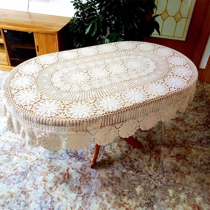 USTIDE Vintage Oval Crochet Tablecloth 59"x102"White Cotton Lace Table Cover Rustic Oval Table Overaly for Wedding/Party