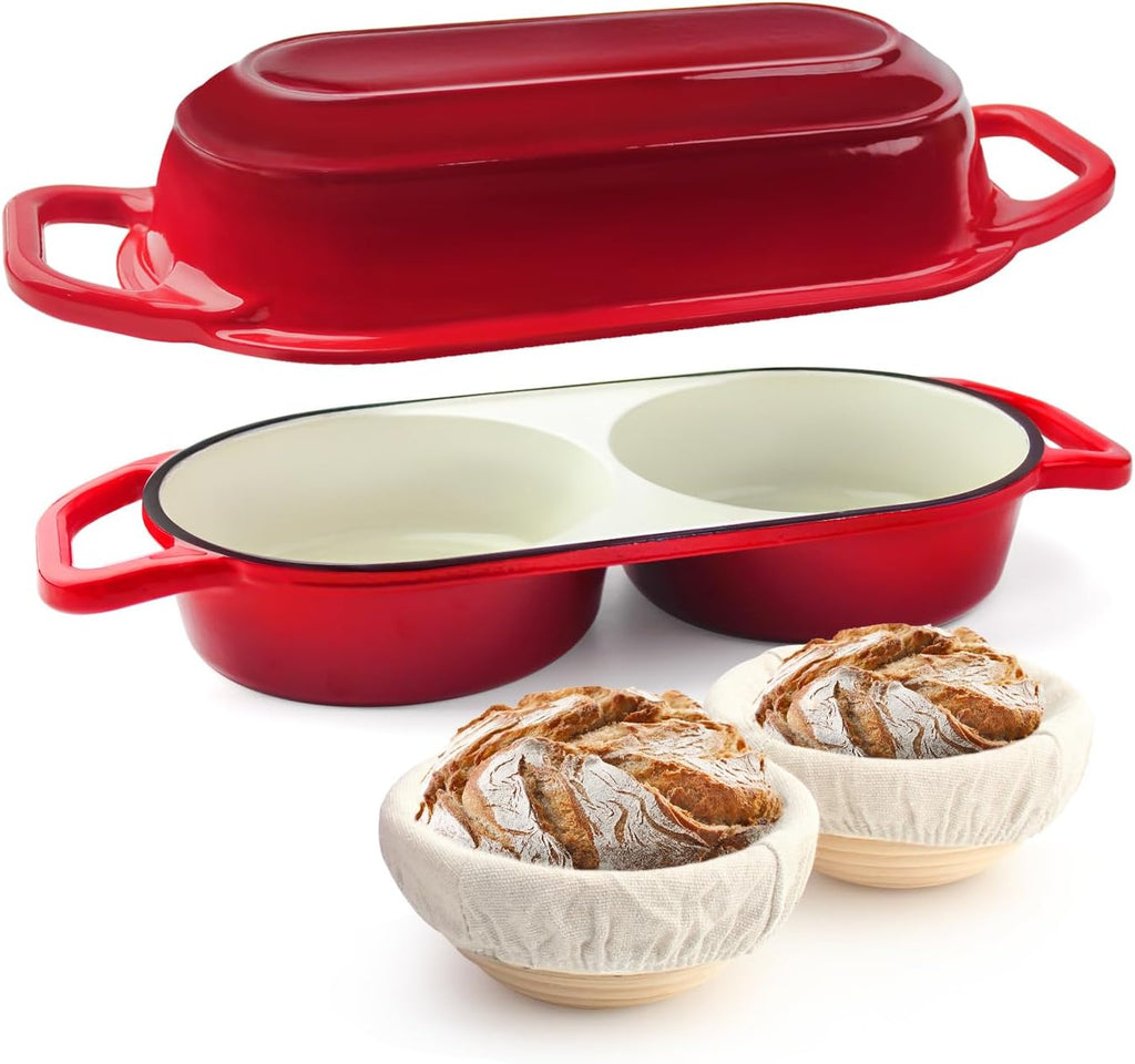 YONILL Mini Double Dutch Oven - Enameled Cast Iron Pot with Lid & 5" Banneton Proofing Basket (Red)