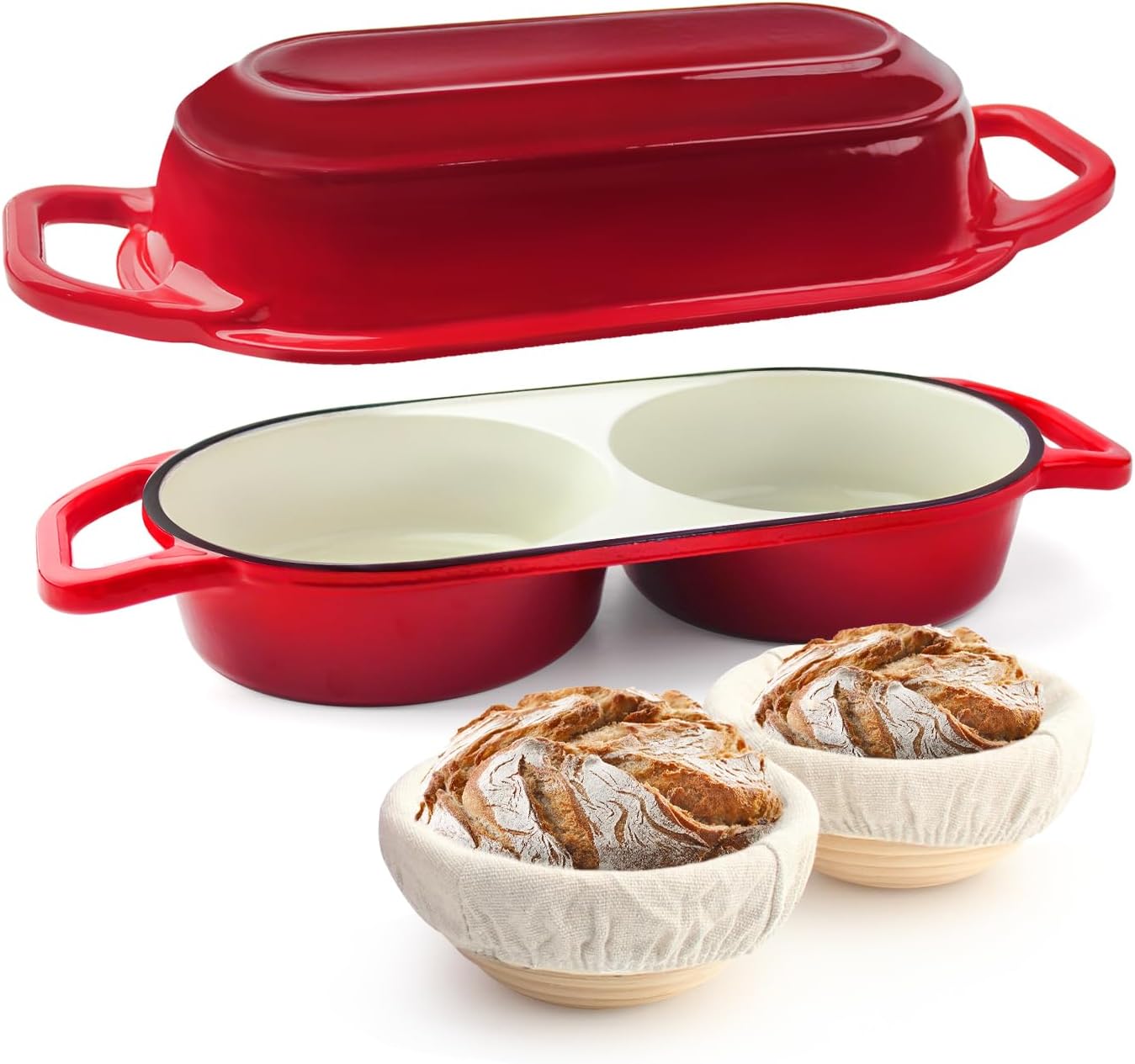 YONILL Mini Double Dutch Oven - Enameled Cast Iron Pot with Lid & 5" Banneton Proofing Basket (Red)