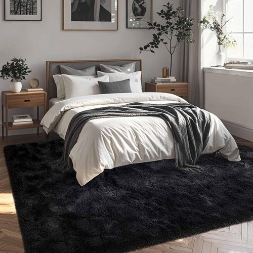 FinRèc Soft Black Area Rug - Modern Fluffy Shaggy Design | Non-Slip 4x6 Feet for Bedroom & Living Room Decor