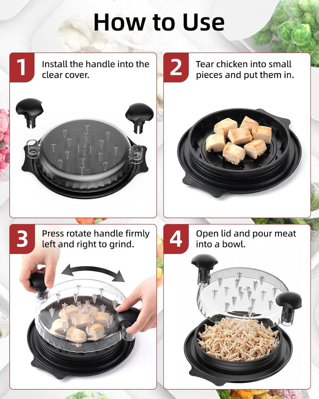 Skiennix Chicken Shredder - Large BPA-Free Meat Shredder Tool with Tray & Brush | Anti-Slip Design (Black)