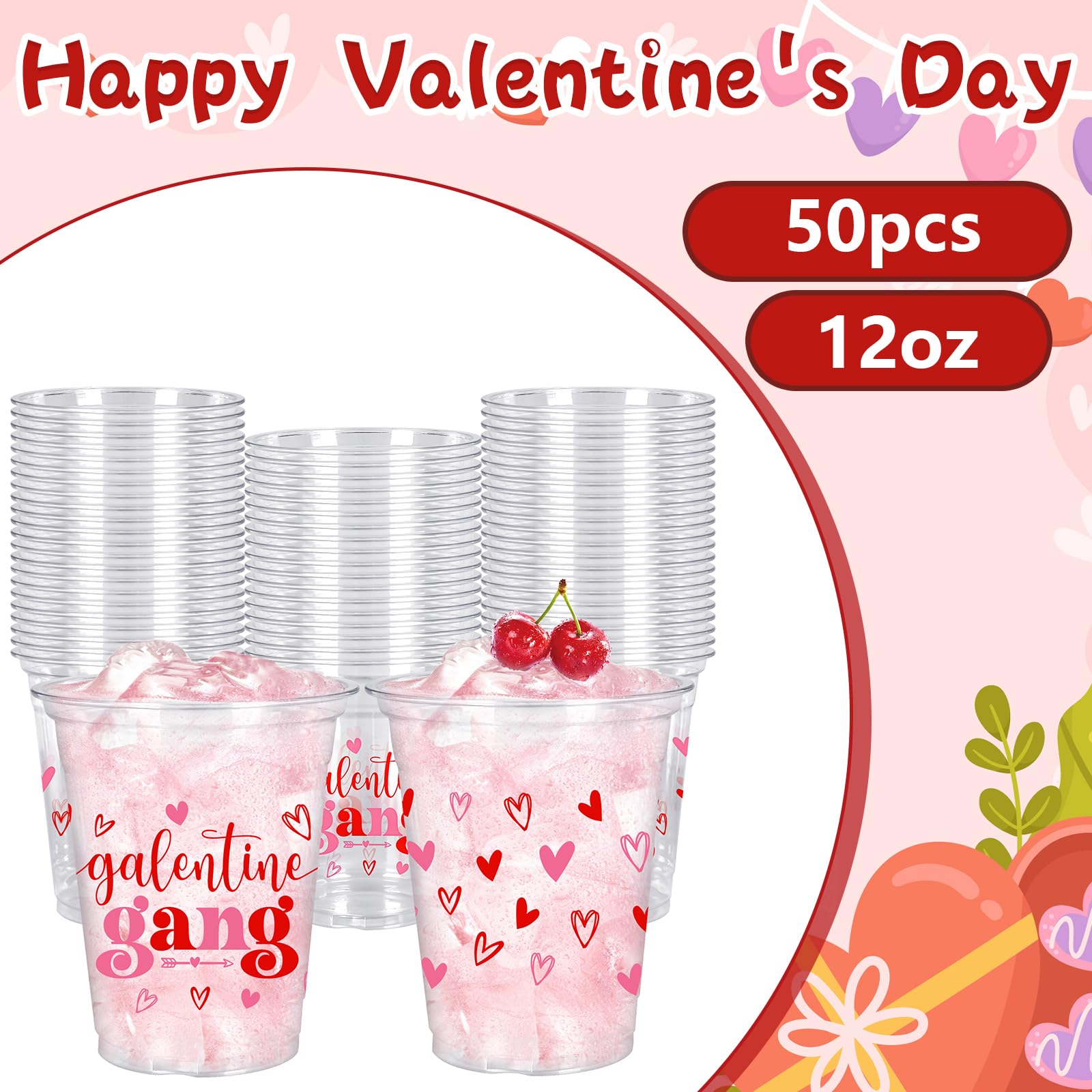 Whaline 50 Pcs 12 Oz Galentines Day Disposable Cup Plastic Party Cup Galentines Gang Heart Clear Glasses for Girls Ladies Valentine's Day Party Coffee Juice Drink Supplies Decorations