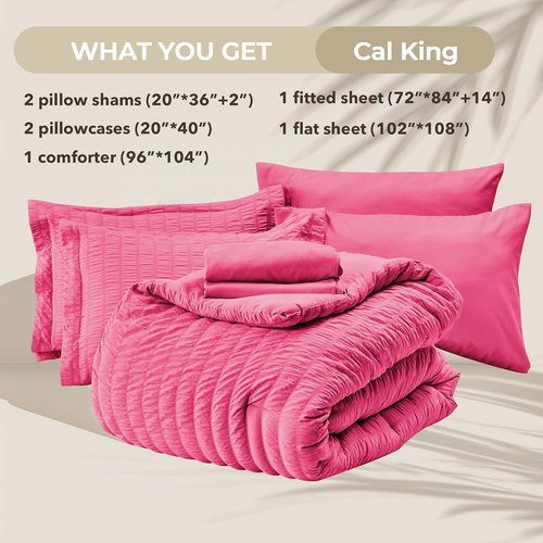 HYMOKEGE California King Comforter Set - Hot Pink Seersucker 7-Piece Luxury Bedding Set
