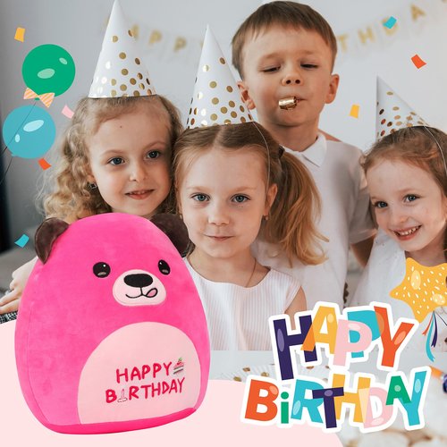 Mushymallow 12” Birthday Bear Plush Pillow Hot Pink Happy Birthday Pillow Soft Cute Bear Plush Toy Stuffed Animal Gifts for Kids
