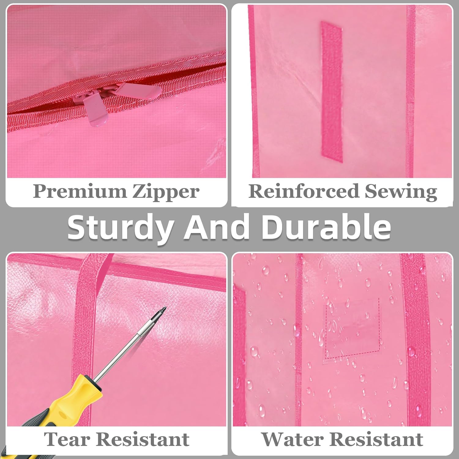 Skiennix Extra Large Heavy Duty Moving Bags - Waterproof Storage Totes with Zippers & Handles | 8 Pack (Pink)