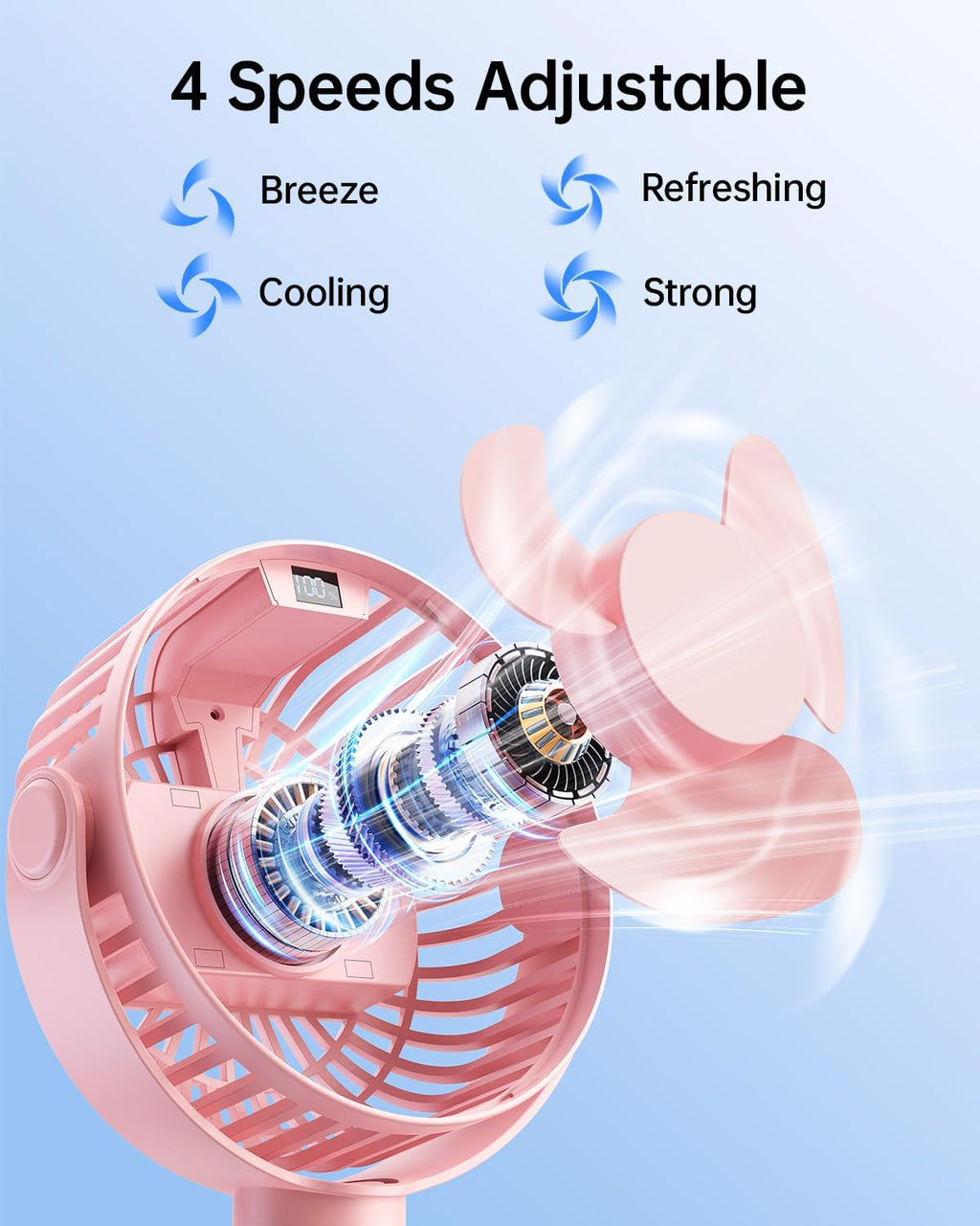 Sweetfull Portable Stroller Fan - 4-Speed Rechargeable Mini Clip-On Fan with LED Display | 360° Rotation (Pink)