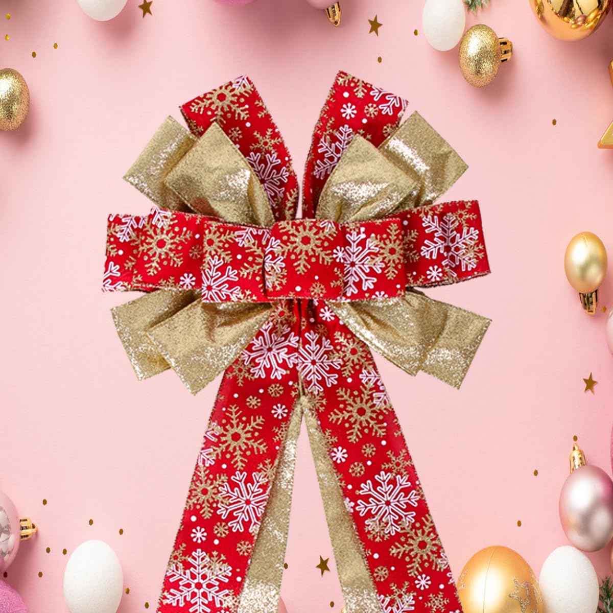 Christmas Tree Topper Wreath Bow Large Christmas Bow Tree Topper 52"x13" Red Gold Snowflake Patterned Gift Bows for Xmas Holiday Home Wedding Thanksgiving Indoor/Outdoor Decoration