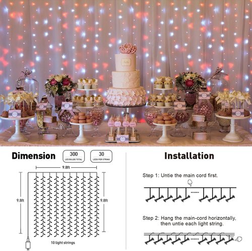 JMEXSUSS 300LED Christmas Curtain Lights - Red & White Twinkle Fairy Lights, 9.8x9.8ft with Remote