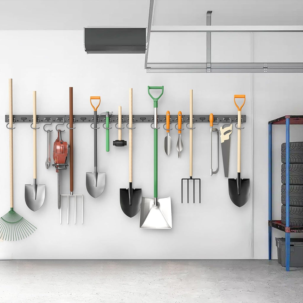 TORACK Wall Mounted Mop & Broom Holder - Garden Tool Organizer with 4 Tracks & 16 Hooks