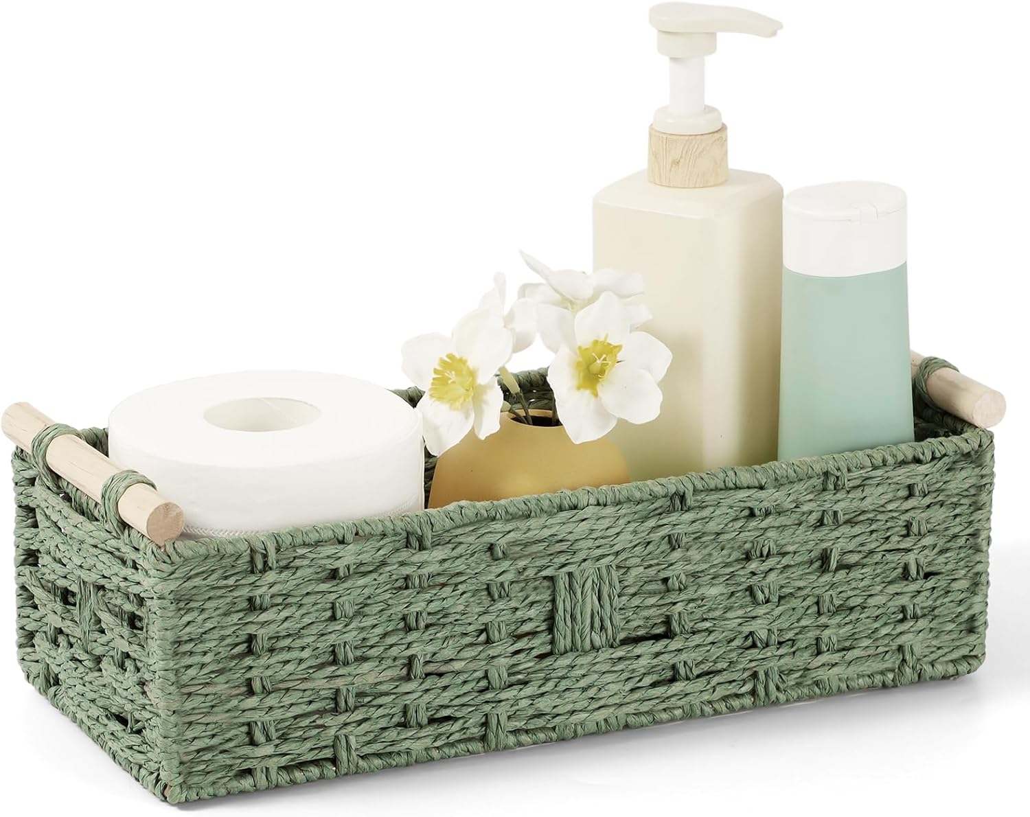 Regine Switzerland Toilet Paper Storage Basket - Decorative Green Wicker Organizer with Wooden Handles