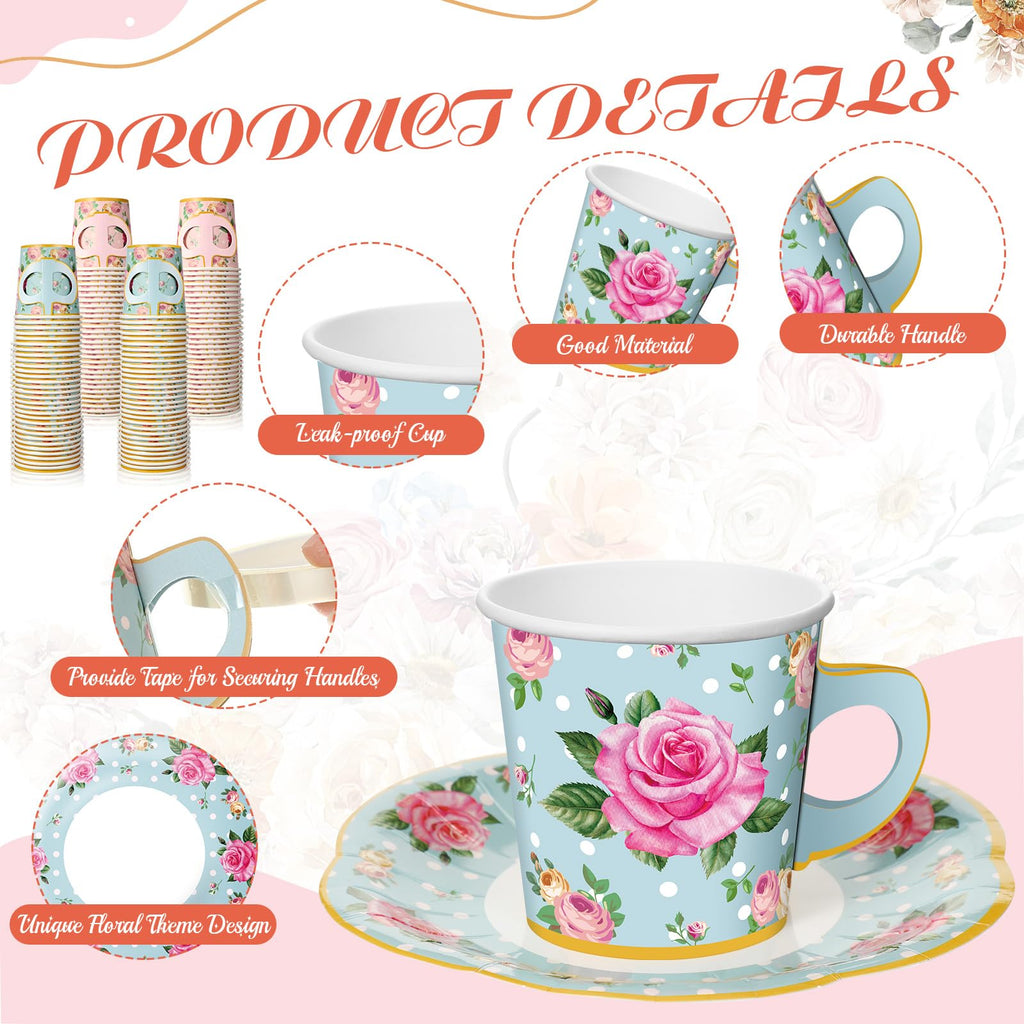Umigy 60 Sets Mother's Day Tea Party Decorations 9 oz Floral Paper Teacups & Saucer Set for Girls Women Tea Parties Mothers Day Bridal Shower Wedding Birthday Party Decorations(Pink, Blue)