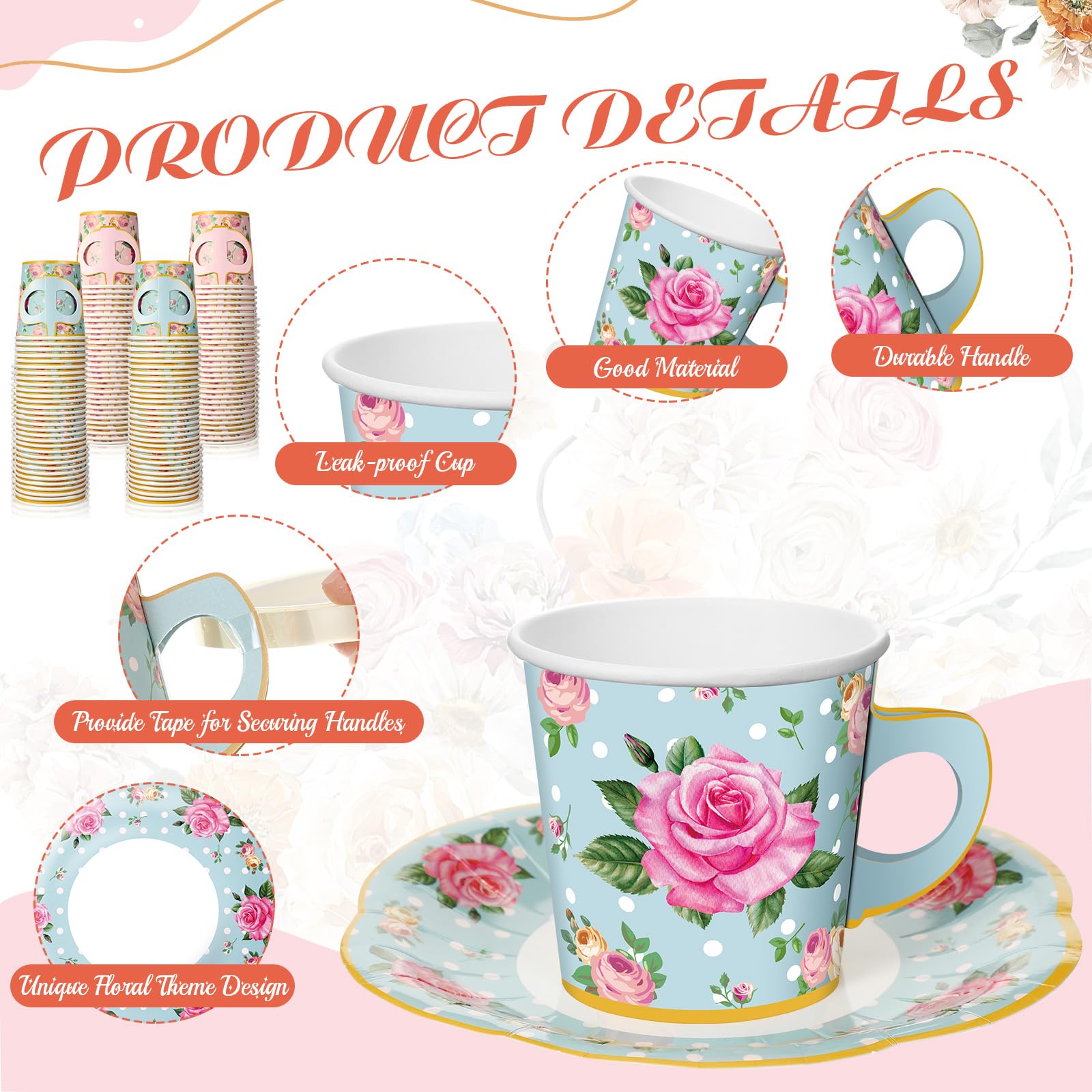 Umigy 60 Sets Mother's Day Tea Party Decorations 9 oz Floral Paper Teacups & Saucer Set for Girls Women Tea Parties Mothers Day Bridal Shower Wedding Birthday Party Decorations(Pink, Blue)
