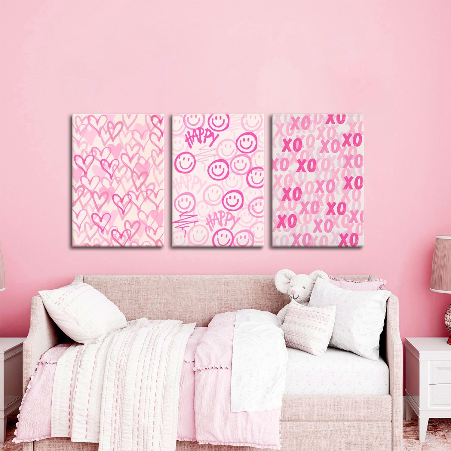 Simplicity Pink Wall Art Set of 3 - Heart Shaped Doodle Smiley XO | Modern Canvas Prints for Girls' Bedroom - Framed 12x16 Inch