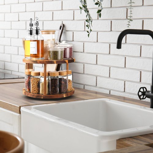 Reallnaive 6 Pcs 11" Acacia Wood Lazy Susan Organizer Set, 2 Tier and 1 Tier Turntable Tray for Cabinet Kitchen Countertop Pantry Table Organization Coffee Bar