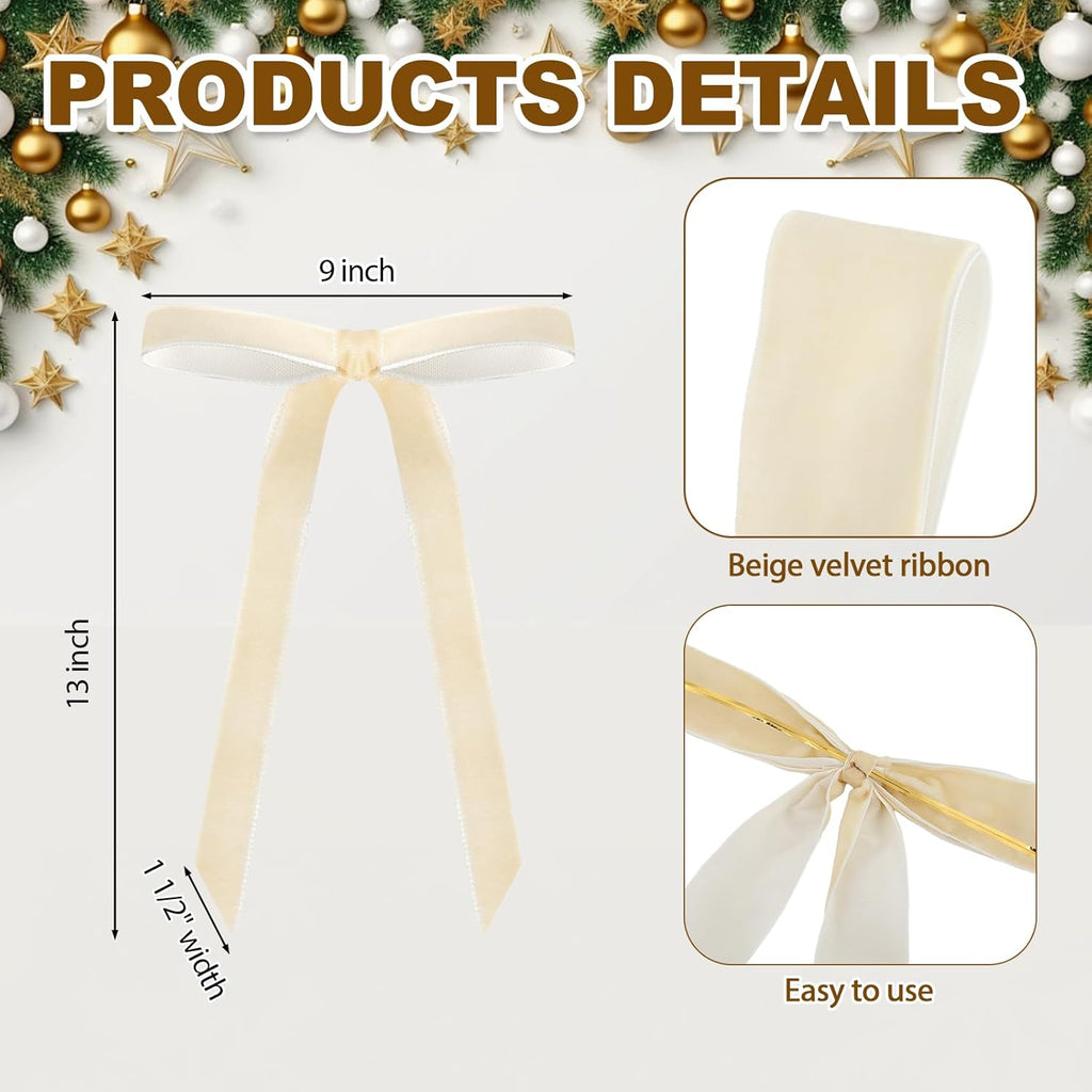 Regine Switzerland 24 Pcs Velvet Bows - Vintage Ribbon Bows for Christmas Tree & Crafts | 9 x 13 Inch, Beige