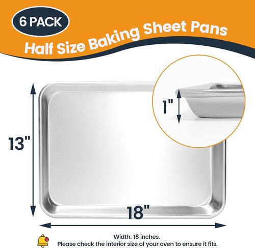 Half Size Baking Sheet Pan - Durable Aluminum Cookie Sheet | 6 Pack, Anti-Stick 18”x 13”