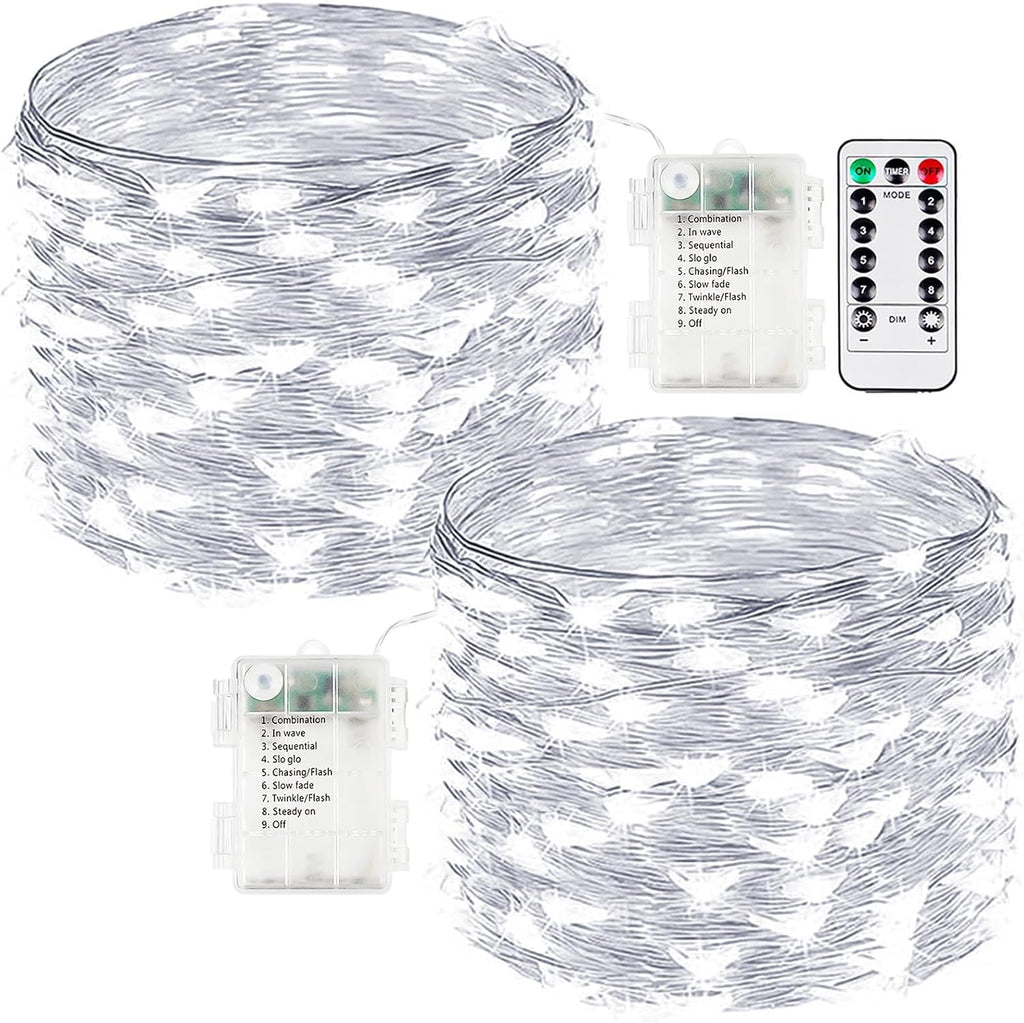 Skiennix 2-Pack Battery Operated Fairy Lights - 33FT 100 LED Waterproof String Lights | 8 Modes with Timer for Indoor/Outdoor Decor (Cool White)
